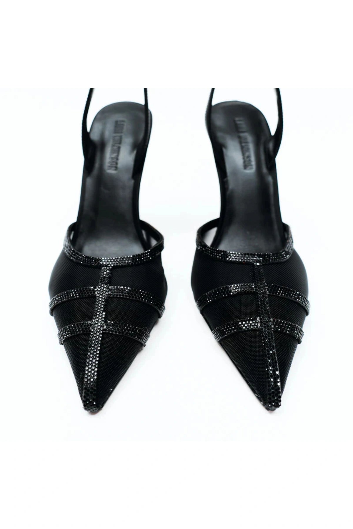 Lana Wilkinson Jade Heel in Black Mesh & Satin, a pointed-toe slingback with diamanté details and 10.5cm stiletto for evening elegance.