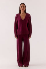 Lane Plunge Sweater Blackberry by Sovere, knit sweater with deep v neckline and relaxed fit. Perfect for cozy everyday wear or off duty looks.