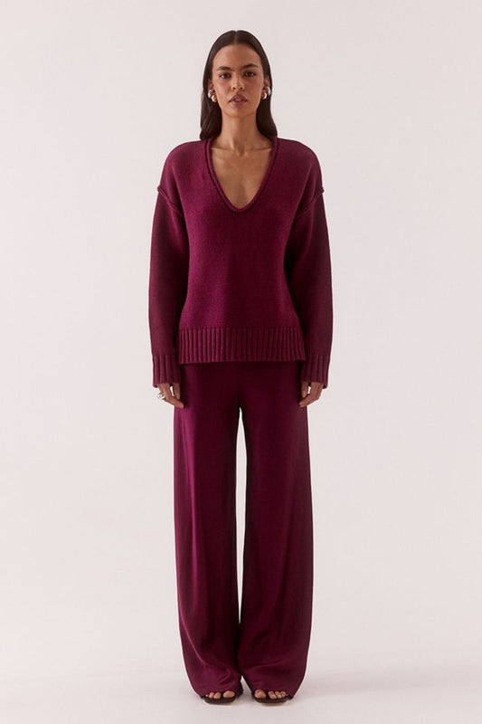 Lane Plunge Sweater Blackberry by Sovere, knit sweater with deep v neckline and relaxed fit. Perfect for cozy everyday wear or off duty looks.