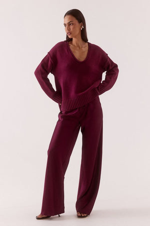 Lane Plunge Sweater Blackberry by Sovere, knit sweater with deep v neckline and relaxed fit. Perfect for cozy everyday wear or off duty looks.