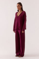 Lane Plunge Sweater Blackberry by Sovere, knit sweater with deep v neckline and relaxed fit. Perfect for cozy everyday wear or off duty looks.