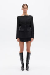 Laurent Blazer Black by Bayse – sculpted black blazer with bateau neckline and clean concealed front closure.