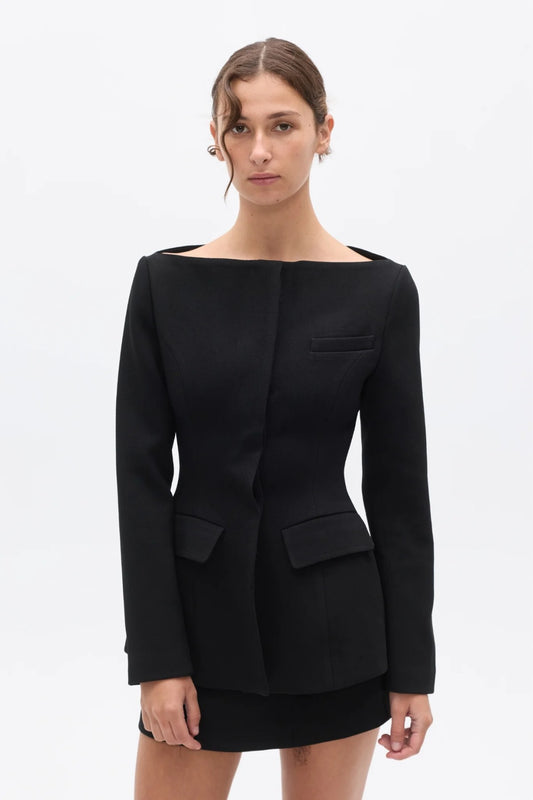 Laurent Blazer Black by Bayse – sculpted black blazer with bateau neckline and clean concealed front closure.