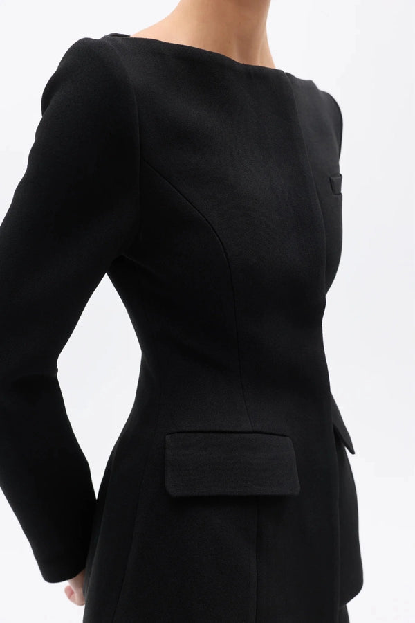 Laurent Blazer Black by Bayse – sculpted black blazer with bateau neckline and clean concealed front closure.