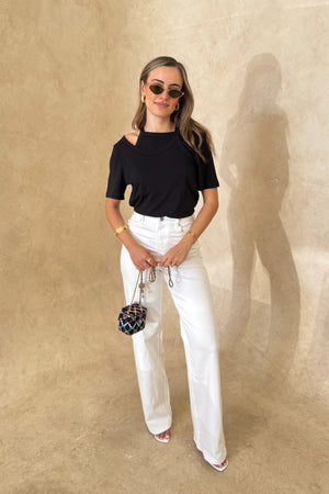 Layered Tee Black by Sneaky Link – a cotton tee with layered neckline and strap detail. Perfect for elevated everyday styling.