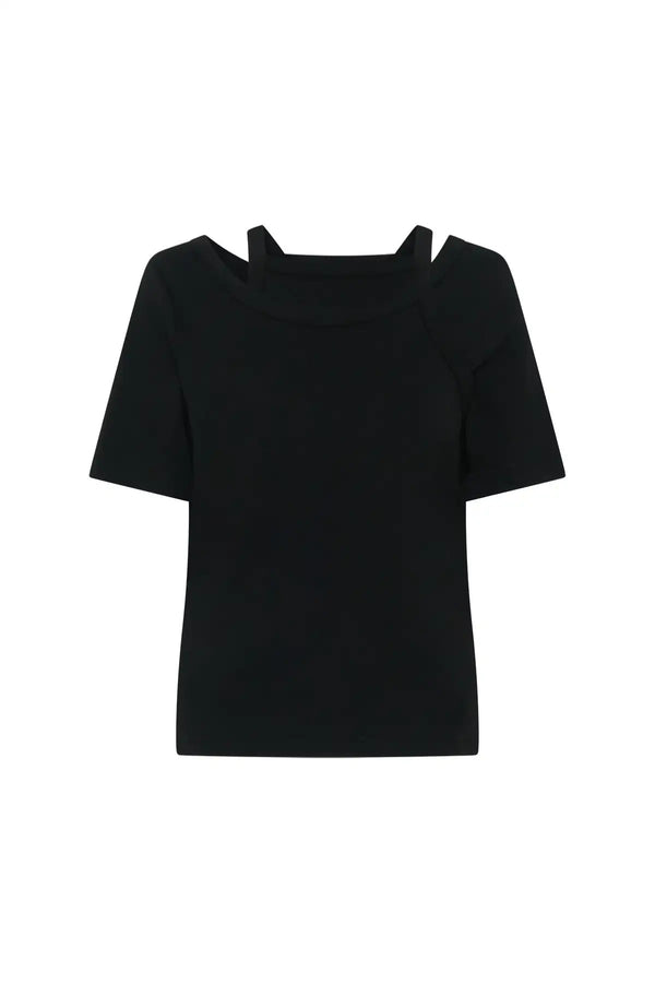 Layered Tee Black by Sneaky Link – a cotton tee with layered neckline and strap detail. Perfect for elevated everyday styling.