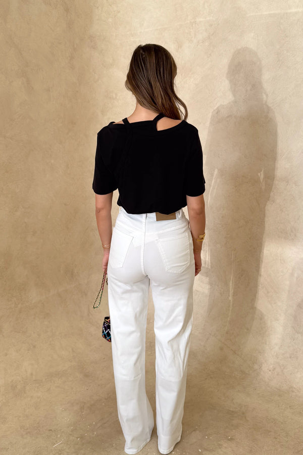 Layered Tee Black by Sneaky Link – a cotton tee with layered neckline and strap detail. Perfect for elevated everyday styling.