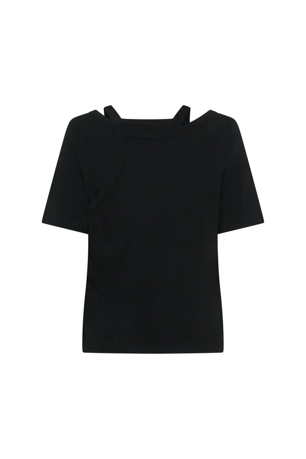 Layered Tee Black by Sneaky Link – a cotton tee with layered neckline and strap detail. Perfect for elevated everyday styling.