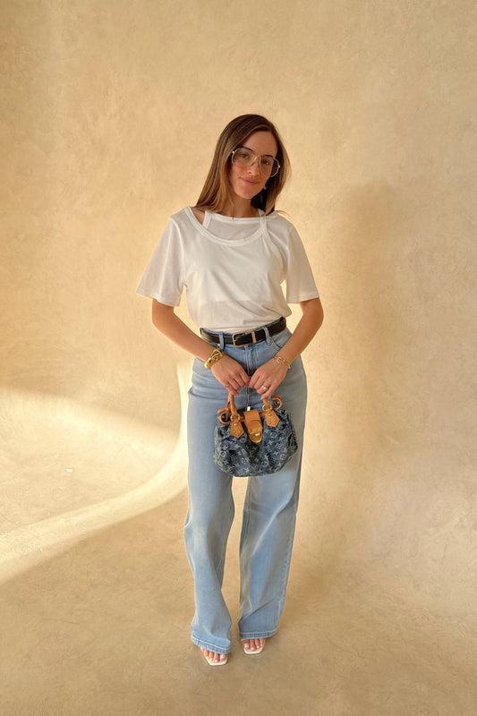 Layered Tee in White by Sneaky Link, 100% cotton with a relaxed fit and layered neckline detail. Perfect for elevated casual dressing.
