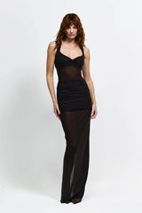 Layla Dress in Chocolate by Effie Kats, a maxi mesh dress with halter neckline, open back, and ruched body for a sculpted, elegant silhouette.