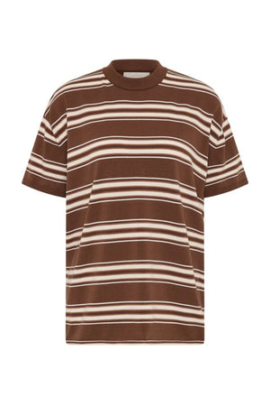 Le Paz Top in Ombre Stripe Macro Carob by Faithfull the Brand, an oversized true knit tee with short sleeves and a chocolate-toned stripe.