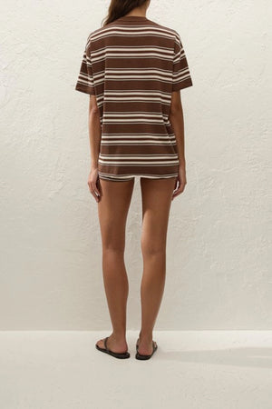 Le Paz Top in Ombre Stripe Macro Carob by Faithfull the Brand, an oversized true knit tee with short sleeves and a chocolate-toned stripe.