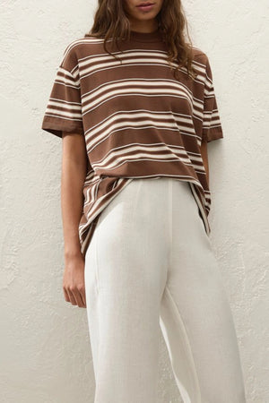 Le Paz Top in Ombre Stripe Macro Carob by Faithfull the Brand, an oversized true knit tee with short sleeves and a chocolate-toned stripe.