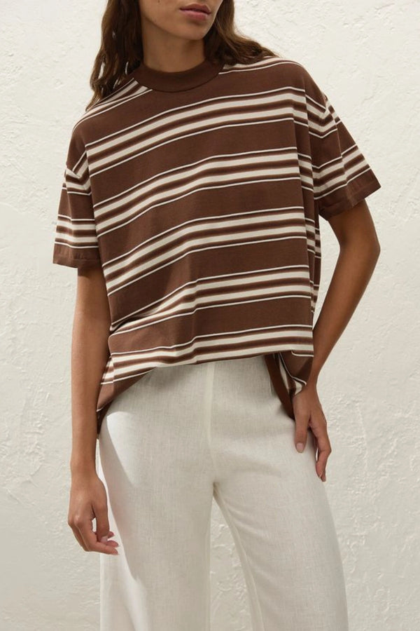 Le Paz Top in Ombre Stripe Macro Carob by Faithfull the Brand, an oversized true knit tee with short sleeves and a chocolate-toned stripe.