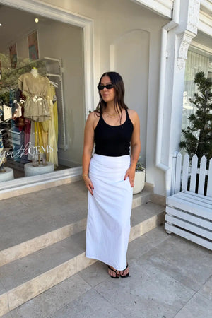Lefka Maxi Skirt by Sneaky Link, cotton blend maxi skirt with high waist fit. Perfect for summer styling or everyday wear.