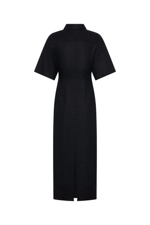 Lefka Midi Dress Black by Sneaky Link – A breathable 100% linen midi with button-front and flattering tucks, offering relaxed elegance perfect for sunny days and casual outings.