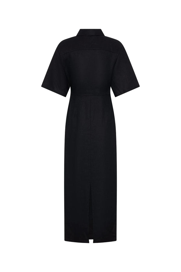 Lefka Midi Dress Black by Sneaky Link – A breathable 100% linen midi with button-front and flattering tucks, offering relaxed elegance perfect for sunny days and casual outings.