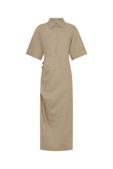 Lefka Midi Dress Etoupe by Sneaky Link – a linen midi with ruched waist and puff sleeves. Perfect for effortless event styling.