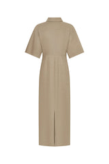 Lefka Midi Dress Etoupe by Sneaky Link – a linen midi with ruched waist and puff sleeves. Perfect for effortless event styling.