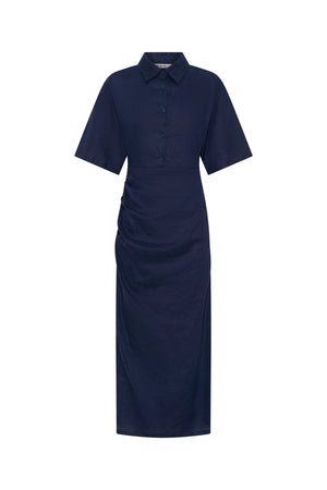 Lefka Midi Dress Navy by Sneaky Link – a linen midi with ruched waist and puff sleeves. Perfect for effortless event styling.