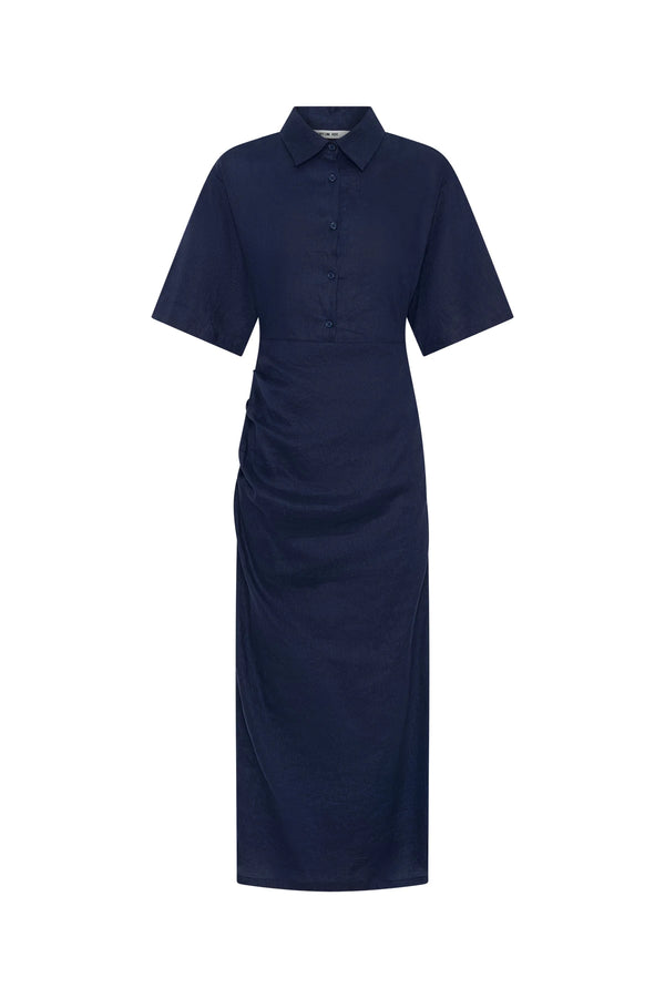 Lefka Midi Dress Navy by Sneaky Link – a linen midi with ruched waist and puff sleeves. Perfect for effortless event styling.