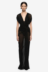 Leia Drape Maxi Dress Black by Bec + Bridge, draped maxi dress with deep neckline and sheer finish. Perfect for events or statement evening looks.