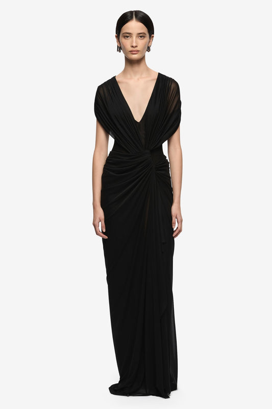 Leia Drape Maxi Dress Black by Bec + Bridge, draped maxi dress with deep neckline and sheer finish. Perfect for events or statement evening looks.