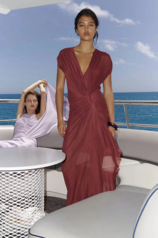 Leia Drape Maxi Dress by Bec and Bridge — a rust mesh gown with a draped twist overlay, front split, and train, perfect for formal events.