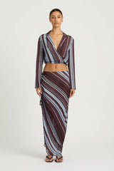 Leni Skirt Midnight Stripe by Benni - asymmetric maxi skirt with drawstring drape and relaxed fit, designed for a fluid modern silhouette.