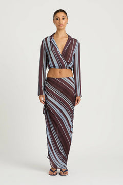 Leni Skirt Midnight Stripe by Benni - asymmetric maxi skirt with drawstring drape and relaxed fit, designed for a fluid modern silhouette.