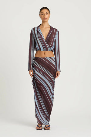 Leni Skirt Midnight Stripe by Benni - asymmetric maxi skirt with drawstring drape and relaxed fit, designed for a fluid modern silhouette.