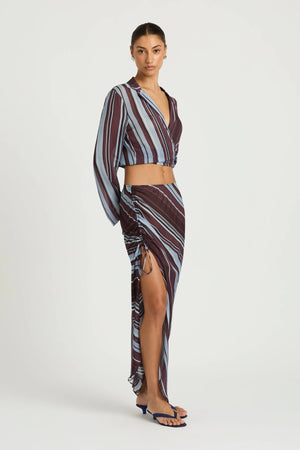 Leni Skirt Midnight Stripe by Benni - asymmetric maxi skirt with drawstring drape and relaxed fit, designed for a fluid modern silhouette.