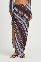 Leni Skirt Midnight Stripe by Benni - asymmetric maxi skirt with drawstring drape and relaxed fit, designed for a fluid modern silhouette.