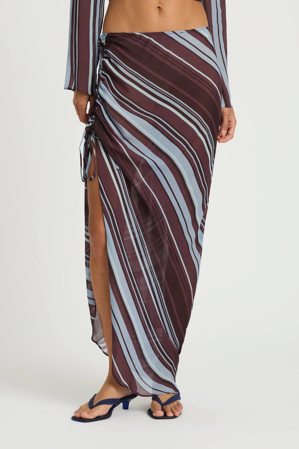 Leni Skirt Midnight Stripe by Benni - asymmetric maxi skirt with drawstring drape and relaxed fit, designed for a fluid modern silhouette.