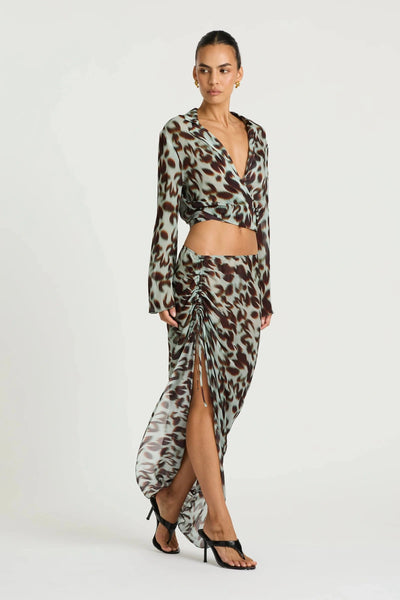 Leni Skirt in Motion Floral by Benni, a relaxed asymmetrical maxi skirt with adjustable drawstring gathering and fluid drape.