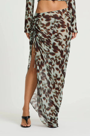 Leni Skirt in Motion Floral by Benni, a relaxed asymmetrical maxi skirt with adjustable drawstring gathering and fluid drape.