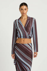 Leni Wrap Top Midnight Stripe by Benni - sheer wrap blouse with deep V neckline and tie waist, designed for a relaxed flowing silhouette.