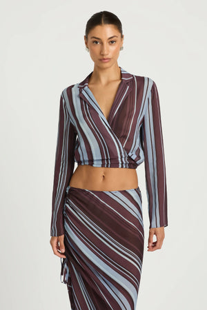 Leni Wrap Top Midnight Stripe by Benni - sheer wrap blouse with deep V neckline and tie waist, designed for a relaxed flowing silhouette.