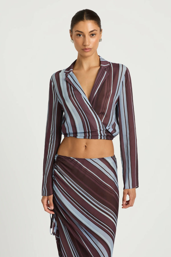 Leni Wrap Top Midnight Stripe by Benni - sheer wrap blouse with deep V neckline and tie waist, designed for a relaxed flowing silhouette.
