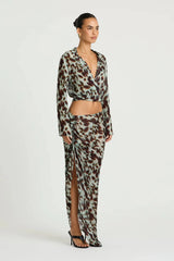 Leni Wrap Top in Motion Floral by Benni, a sheer chiffon wrap top with deep V neckline, wide sleeves, and adjustable waist tie.
