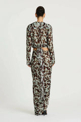 Leni Wrap Top in Motion Floral by Benni, a sheer chiffon wrap top with deep V neckline, wide sleeves, and adjustable waist tie.