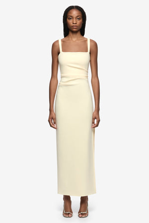 Leora Tuck Maxi Dress Lemon Sorbet by Bec + Bridge, fitted crepe maxi dress, perfect for formal occasions