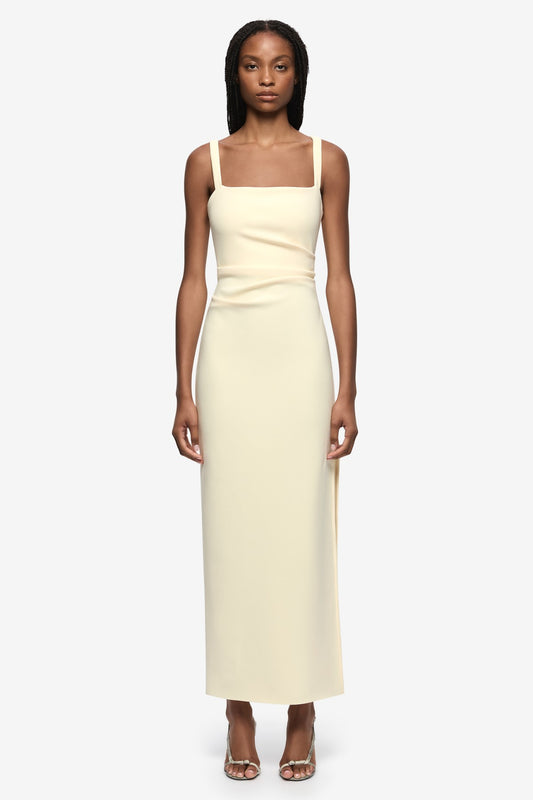 Leora Tuck Maxi Dress Lemon Sorbet by Bec + Bridge, fitted maxi dress with square neckline and tuck detail. Perfect for events or elegant day looks.