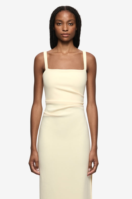 Leora Tuck Maxi Dress Lemon Sorbet by Bec + Bridge, fitted maxi dress with square neckline and tuck detail. Perfect for events or elegant day looks.