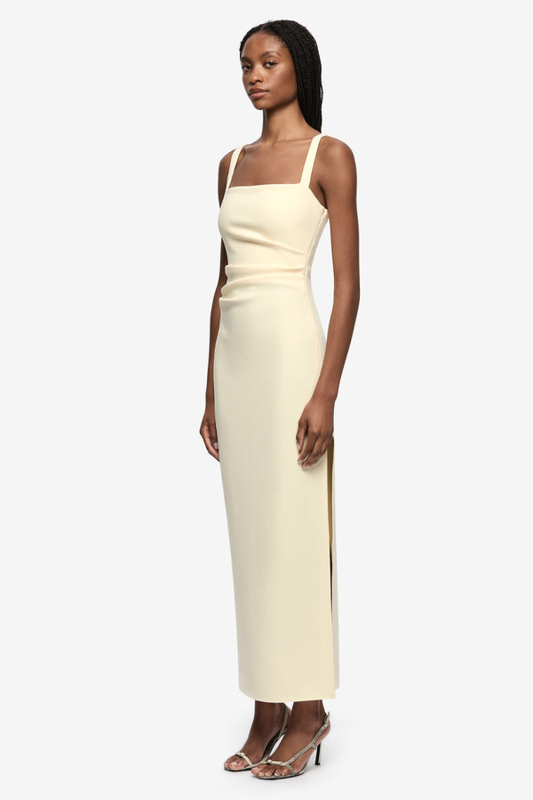 Leora Tuck Maxi Dress Lemon Sorbet by Bec + Bridge, fitted crepe maxi dress, perfect for formal occasions