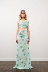 Lia Dress in Multi Green Rhinestone by DŽO, a one-shoulder mesh maxi with abstract print, ruched bodice, and subtle rhinestone detailing.