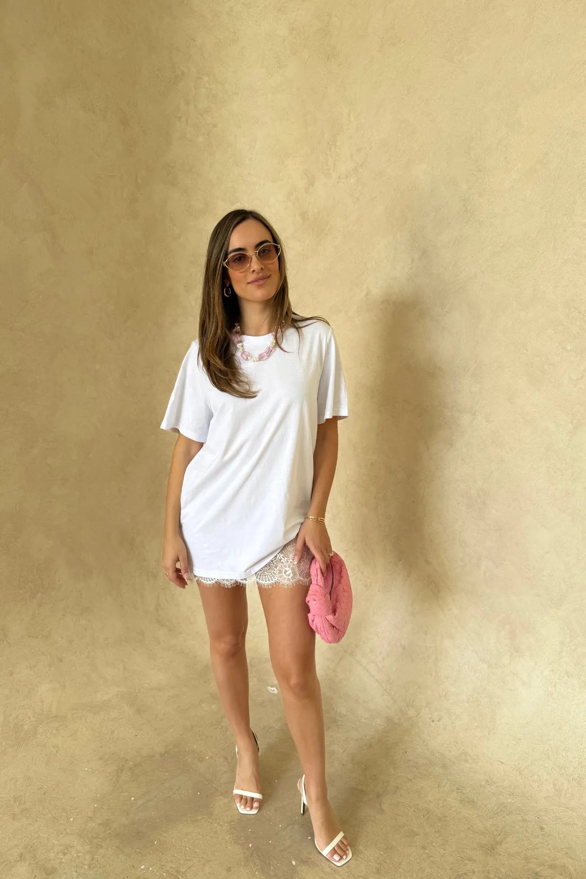 Lia Tee White by Sneaky Link – Oversized, boxy 100% cotton tee with short sleeves, perfect for layering and casual chic styling.