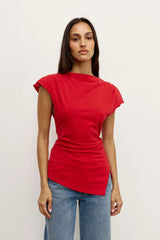 Liana Top Red by Bayse – draped cotton top with boat neckline and asymmetric hem for elevated everyday styling.