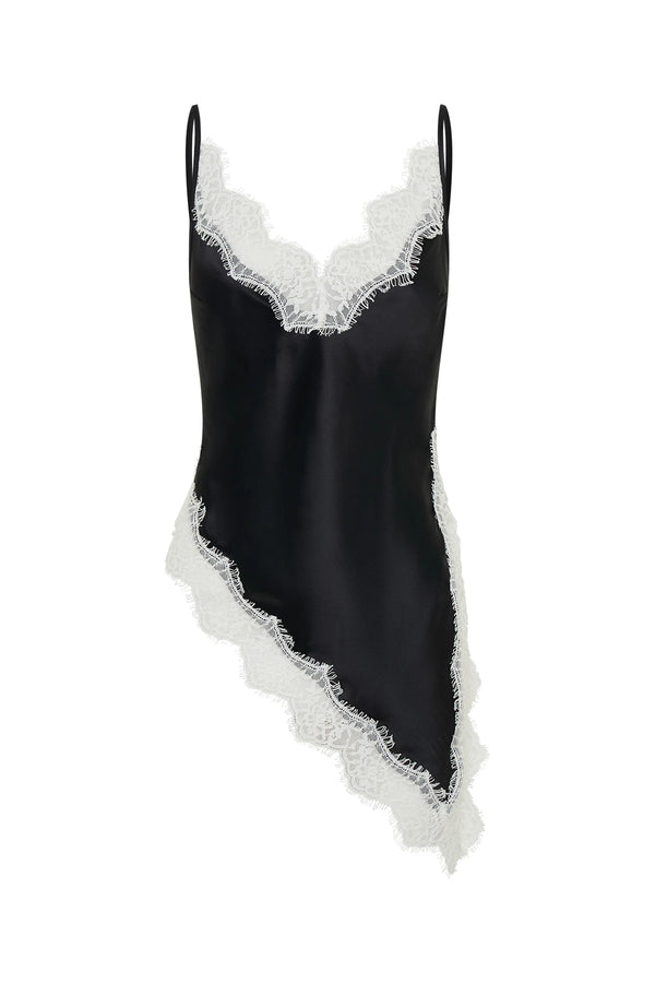 Lilah Lace Trim Top Black by Sneaky Link – an asymmetrical top with contrast lace and V neckline. Perfect for day-to-night styling.