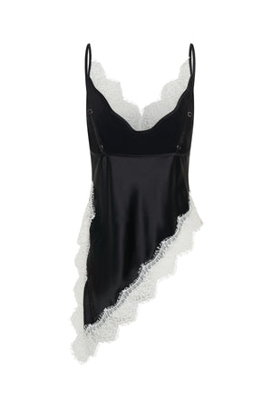 Lilah Lace Trim Top Black by Sneaky Link – an asymmetrical top with contrast lace and V neckline. Perfect for day-to-night styling.